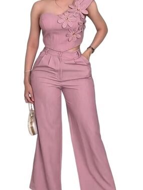 One-Shoulder Floral Appliqué Wide-Leg Pants Set - Pink